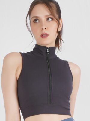 Fitness and yoga wear black zipper crop tops